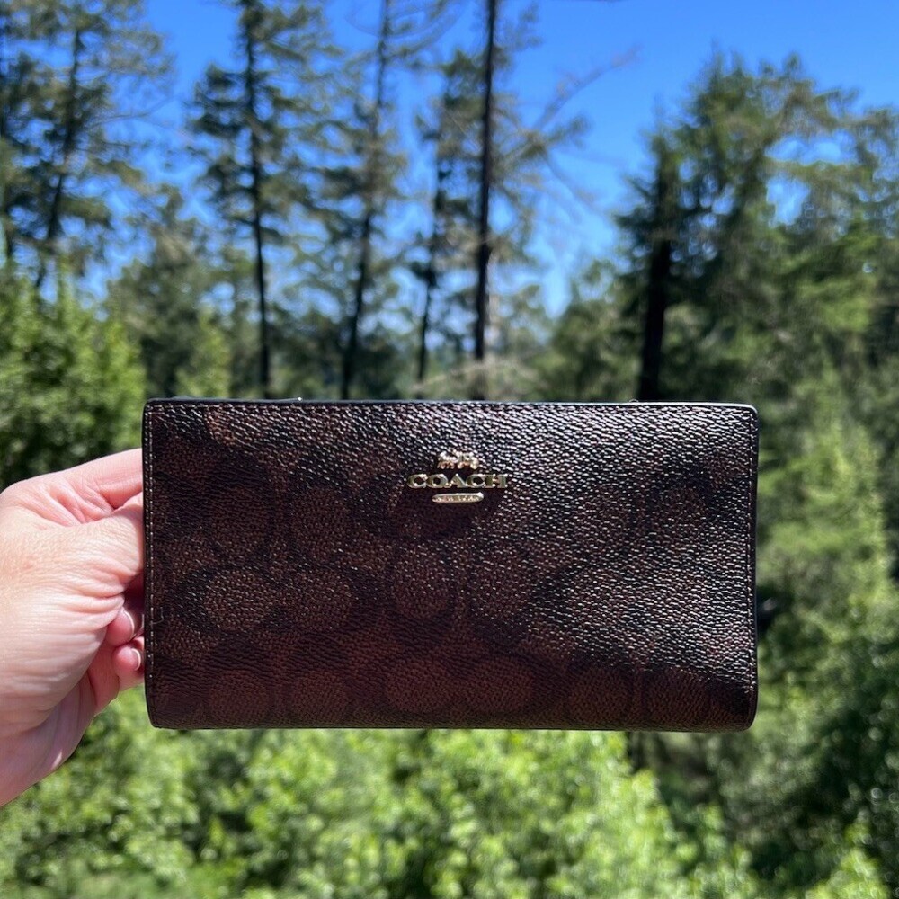 COACH BLACK/BROWN Signature Canvas Bifold Wallet with Gold Hardware AUTHENTIC